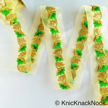 Gold Sheer Trim In Gold And Blue / Green Floral Embroidery And Gold Sequins Embellishment, Approx. 45mm Wide - 210119L135 / 36